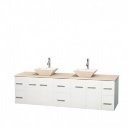 80 inch Double Bathroom Vanity in Matte White, Ivory Marble Countertop, Pyra Bone Porcelain Sinks, and No Mirror