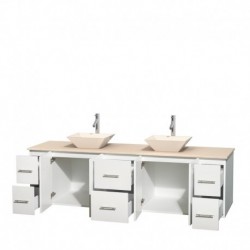 80 inch Double Bathroom Vanity in Matte White, Ivory Marble Countertop, Pyra Bone Porcelain Sinks, and No Mirror