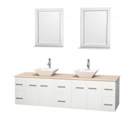 80 inch Double Bathroom Vanity in Matte White, Ivory Marble Countertop, Pyra White Porcelain Sinks, and 24 inch Mirrors