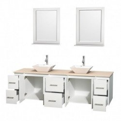 80 inch Double Bathroom Vanity in Matte White, Ivory Marble Countertop, Pyra White Porcelain Sinks, and 24 inch Mirrors