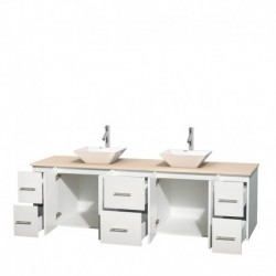 80 inch Double Bathroom Vanity in Matte White, Ivory Marble Countertop, Pyra White Porcelain Sinks, and No Mirror