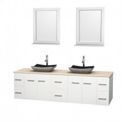 80 inch Double Bathroom Vanity in Matte White, Ivory Marble Countertop, Altair Black Granite Sinks, and 24 inch Mirrors