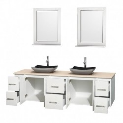 80 inch Double Bathroom Vanity in Matte White, Ivory Marble Countertop, Altair Black Granite Sinks, and 24 inch Mirrors