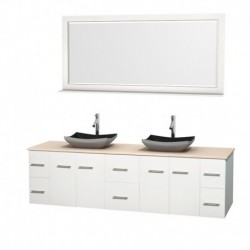 80 inch Double Bathroom Vanity in Matte White, Ivory Marble Countertop, Altair Black Granite Sinks, and 70 inch Mirror