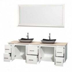 80 inch Double Bathroom Vanity in Matte White, Ivory Marble Countertop, Altair Black Granite Sinks, and 70 inch Mirror