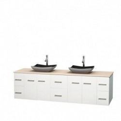 80 inch Double Bathroom Vanity in Matte White, Ivory Marble Countertop, Altair Black Granite Sinks, and No Mirror