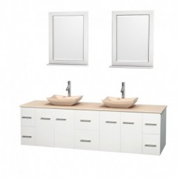 80 inch Double Bathroom Vanity in Matte White, Ivory Marble Countertop, Avalon Ivory Marble Sinks, and 24 inch Mirrors