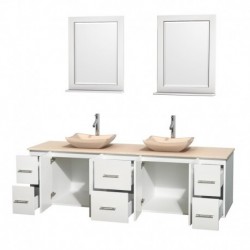 80 inch Double Bathroom Vanity in Matte White, Ivory Marble Countertop, Avalon Ivory Marble Sinks, and 24 inch Mirrors