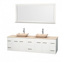 80 inch Double Bathroom Vanity in Matte White, Ivory Marble Countertop, Avalon Ivory Marble Sinks, and 70 inch Mirror