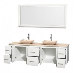 80 inch Double Bathroom Vanity in Matte White, Ivory Marble Countertop, Avalon Ivory Marble Sinks, and 70 inch Mirror