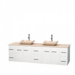 80 inch Double Bathroom Vanity in Matte White, Ivory Marble Countertop, Avalon Ivory Marble Sinks, and No Mirror