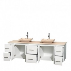 80 inch Double Bathroom Vanity in Matte White, Ivory Marble Countertop, Avalon Ivory Marble Sinks, and No Mirror