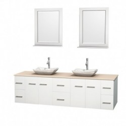 80 inch Double Bathroom Vanity in Matte White, Ivory Marble Countertop, Avalon White Carrera Marble Sinks, and 24 inch Mirrors