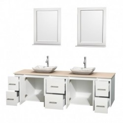 80 inch Double Bathroom Vanity in Matte White, Ivory Marble Countertop, Avalon White Carrera Marble Sinks, and 24 inch Mirrors