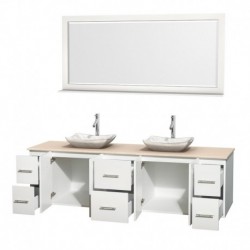 80 inch Double Bathroom Vanity in Matte White, Ivory Marble Countertop, Avalon White Carrera Marble Sinks, and 70 inch Mirror