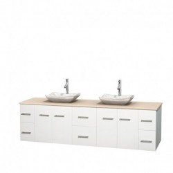 80 inch Double Bathroom Vanity in Matte White, Ivory Marble Countertop, Avalon White Carrera Marble Sinks, and No Mirror