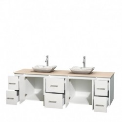 80 inch Double Bathroom Vanity in Matte White, Ivory Marble Countertop, Avalon White Carrera Marble Sinks, and No Mirror