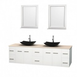 80 inch Double Bathroom Vanity in Matte White, Ivory Marble Countertop, Arista Black Granite Sinks, and 24 inch Mirrors