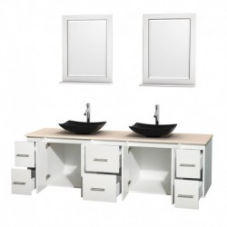 80 inch Double Bathroom Vanity in Matte White, Ivory Marble Countertop, Arista Black Granite Sinks, and 24 inch Mirrors