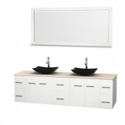 80 inch Double Bathroom Vanity in Matte White, Ivory Marble Countertop, Arista Black Granite Sinks, and 70 inch Mirror