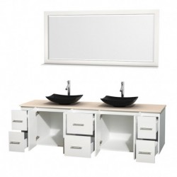 80 inch Double Bathroom Vanity in Matte White, Ivory Marble Countertop, Arista Black Granite Sinks, and 70 inch Mirror