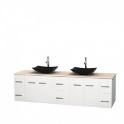 80 inch Double Bathroom Vanity in Matte White, Ivory Marble Countertop, Arista Black Granite Sinks, and No Mirror