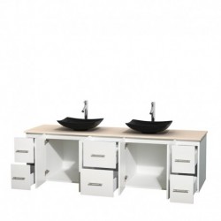 80 inch Double Bathroom Vanity in Matte White, Ivory Marble Countertop, Arista Black Granite Sinks, and No Mirror