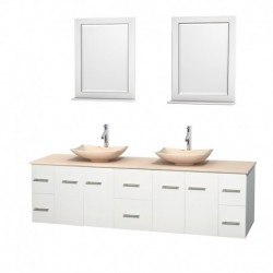 80 inch Double Bathroom Vanity in Matte White, Ivory Marble Countertop, Arista Ivory Marble Sinks, and 24 inch Mirrors