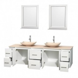 80 inch Double Bathroom Vanity in Matte White, Ivory Marble Countertop, Arista Ivory Marble Sinks, and 24 inch Mirrors