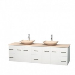 80 inch Double Bathroom Vanity in Matte White, Ivory Marble Countertop, Arista Ivory Marble Sinks, and No Mirror