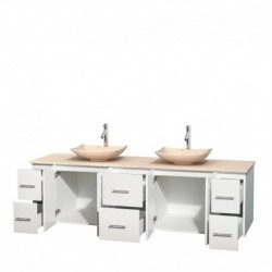 80 inch Double Bathroom Vanity in Matte White, Ivory Marble Countertop, Arista Ivory Marble Sinks, and No Mirror