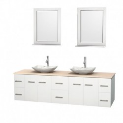 80 inch Double Bathroom Vanity in Matte White, Ivory Marble Countertop, Arista White Carrera Marble Sinks, and 24 inch Mirrors