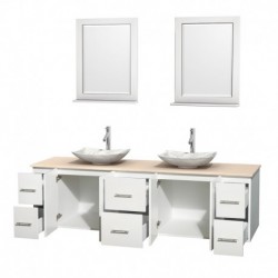 80 inch Double Bathroom Vanity in Matte White, Ivory Marble Countertop, Arista White Carrera Marble Sinks, and 24 inch Mirrors