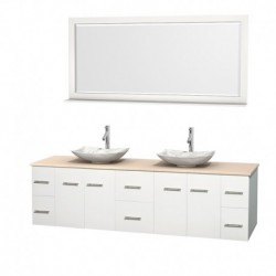 80 inch Double Bathroom Vanity in Matte White, Ivory Marble Countertop, Arista White Carrera Marble Sinks, and 70 inch Mirror