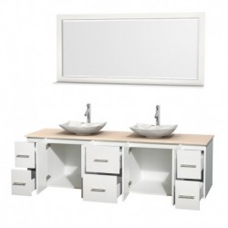 80 inch Double Bathroom Vanity in Matte White, Ivory Marble Countertop, Arista White Carrera Marble Sinks, and 70 inch Mirror