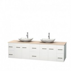 80 inch Double Bathroom Vanity in Matte White, Ivory Marble Countertop, Arista White Carrera Marble Sinks, and No Mirror