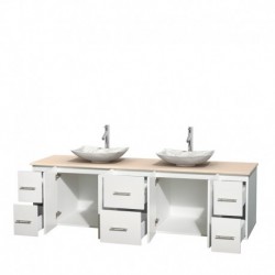 80 inch Double Bathroom Vanity in Matte White, Ivory Marble Countertop, Arista White Carrera Marble Sinks, and No Mirror