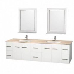 80 inch Double Bathroom Vanity in Matte White, Ivory Marble Countertop, Undermount Square Sink, and 24 inch Mirrors