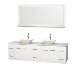 80 inch Double Bathroom Vanity in Matte White, White Man-Made Stone Countertop, Pyra Bone Porcelain Sinks, and 70 inch Mirror