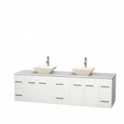 80 inch Double Bathroom Vanity in Matte White, White Man-Made Stone Countertop, Pyra Bone Porcelain Sinks, and No Mirror