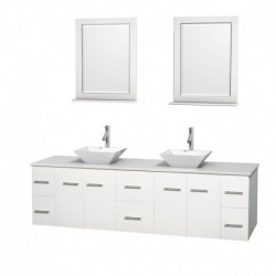 80 inch Double Bathroom Vanity in Matte White, White Man-Made Stone Countertop, Pyra White Porcelain Sinks, and 24 inch Mirrors