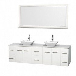 80 inch Double Bathroom Vanity in Matte White, White Man-Made Stone Countertop, Pyra White Porcelain Sinks, and 70 inch Mirror