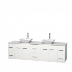 80 inch Double Bathroom Vanity in Matte White, White Man-Made Stone Countertop, Pyra White Porcelain Sinks, and No Mirror