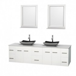 80 inch Double Bathroom Vanity in Matte White, White Man-Made Stone Countertop, Altair Black Granite Sinks, and 24 inch Mirrors