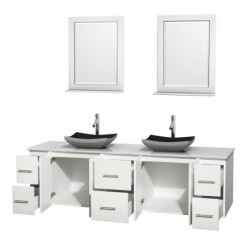 80 inch Double Bathroom Vanity in Matte White, White Man-Made Stone Countertop, Altair Black Granite Sinks, and 24 inch Mirrors