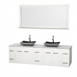 80 inch Double Bathroom Vanity in Matte White, White Man-Made Stone Countertop, Altair Black Granite Sinks, and 70 inch Mirror