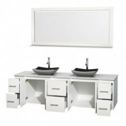 80 inch Double Bathroom Vanity in Matte White, White Man-Made Stone Countertop, Altair Black Granite Sinks, and 70 inch Mirror