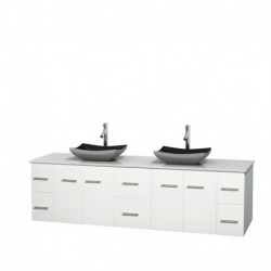 80 inch Double Bathroom Vanity in Matte White, White Man-Made Stone Countertop, Altair Black Granite Sinks, and No Mirror