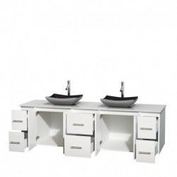 80 inch Double Bathroom Vanity in Matte White, White Man-Made Stone Countertop, Altair Black Granite Sinks, and No Mirror