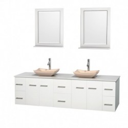 80 inch Double Bathroom Vanity in Matte White, White Man-Made Stone Countertop, Avalon Ivory Marble Sinks, and 24 inch Mirrors